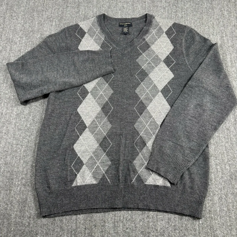 Banana Republic Men's 100% Merino Wool Argyle V-Neck Sweater Gray Size L